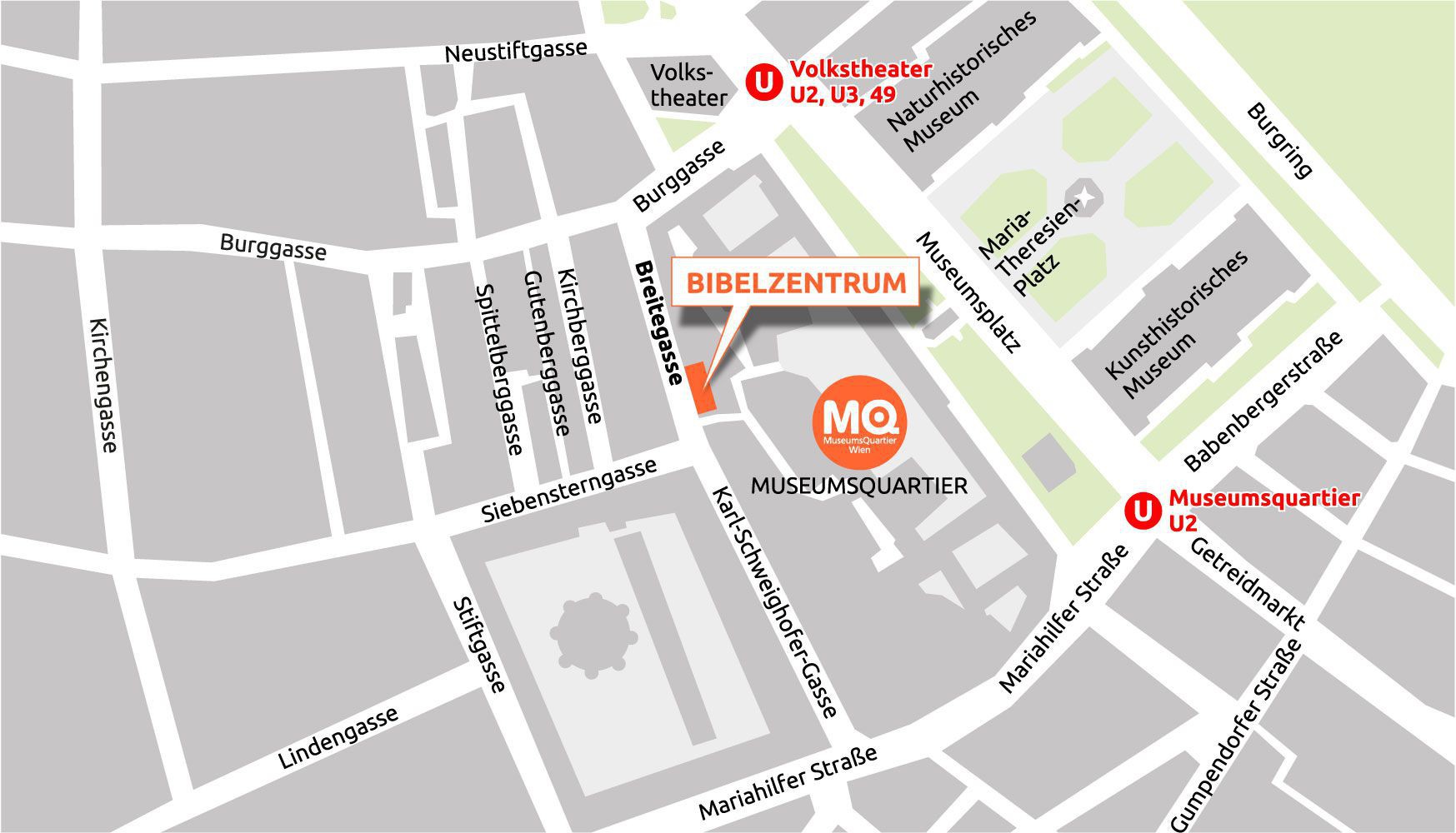 So kommen Sie am besten zum Bibelzentrum: U3 Volkstheater (Aufgang Burggasse), Ringstraßenbahnlinien, Straßenbahnlinie 49. Lageplan