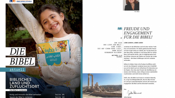 Das Cover und die erste Seite der aktuellen Ausgabe "Die Bibel aktuell"