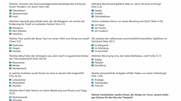 Textblatt des Bibelquiz "Berufe in der Kirche"