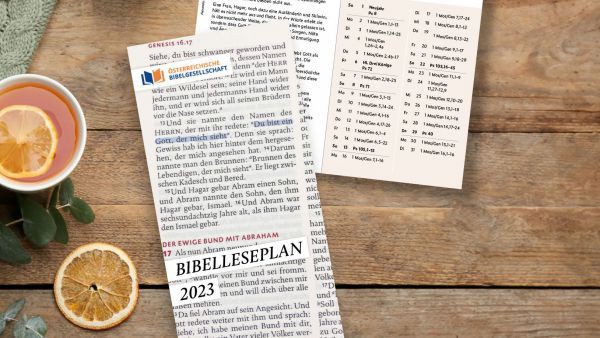 Der Bibelleseplan 2023 aufgeschlagen auf einem Holztisch.